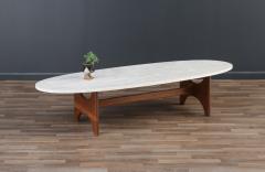 Mid Century Modern Surfboard Coffee Table with Travertine Stone Top - 3698289