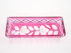 Mid Century Modern Val Saint Lambert Pink Crystal Cut and Etched Vanity Tray - 4795334