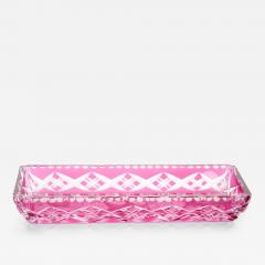 Mid Century Modern Val Saint Lambert Pink Crystal Cut and Etched Vanity Tray - 4796341
