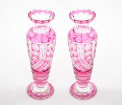 Mid Century Modern Val Saint Lambert Pink Glass Vases Cut Etched Decorated - 4793913