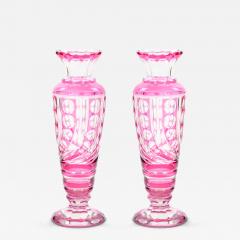 Mid Century Modern Val Saint Lambert Pink Glass Vases Cut Etched Decorated - 4796282
