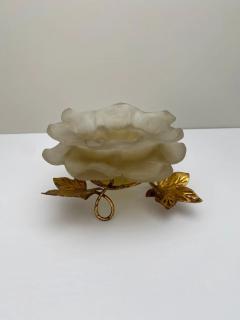 Mid Century Modern White Frosted Lucite Flower Candle Holder with Gold Leaves - 3615645
