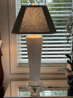 Mid Century Modern White Pottery Table Lamps W Custom Made Linen Shades a Pair - 1870372