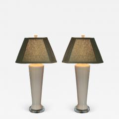 Mid Century Modern White Pottery Table Lamps W Custom Made Linen Shades a Pair - 1873574