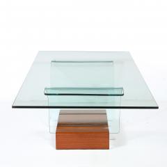 Mid Century Modernage Curved Glass Cocktail Table W Rectilinear Walnut Base - 4826953
