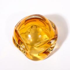 Mid Century Modernist Amber Hand Blown Murano Glass Dish w Indented Detailing - 3554139