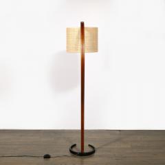 Mid Century Modernist Caprani Curved Wood Floor Lamp with Custom Burlap Shade - 3861432