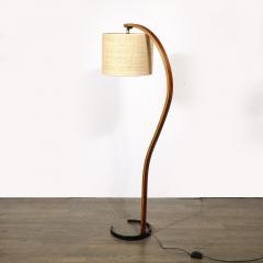 Mid Century Modernist Caprani Curved Wood Floor Lamp with Custom Burlap Shade - 3861434