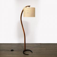 Mid Century Modernist Caprani Curved Wood Floor Lamp with Custom Burlap Shade - 3861475