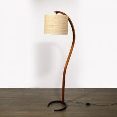 Mid Century Modernist Caprani Curved Wood Floor Lamp with Custom Burlap Shade - 3861479