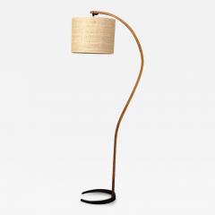 Mid Century Modernist Caprani Curved Wood Floor Lamp with Custom Burlap Shade - 3864469