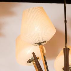 Mid Century Modernist Chandelier in Ebonized Walnut Brass and Textured Glass - 1460078