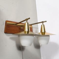 Mid Century Modernist Dual Head Brass Frosted Glass Sconce on Teakwood - 3998206