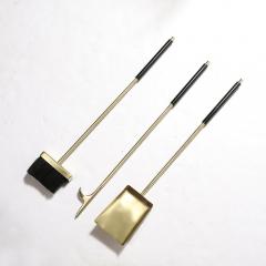 Mid Century Modernist Fire Tool Set in Brushed Brass and Black Enamel - 3801806