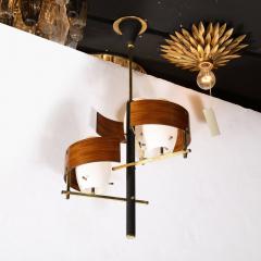 Mid Century Modernist Frosted Glass and Curved Walnut Pendant with Brass Fitting - 3040067