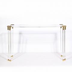 Mid Century Modernist Glass Console Table with Brass Joints Lucite Supports - 2809594