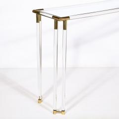 Mid Century Modernist Glass Console Table with Brass Joints Lucite Supports - 2809606