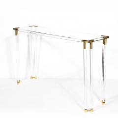 Mid Century Modernist Glass Console Table with Brass Joints Lucite Supports - 2809608