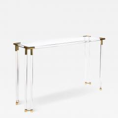 Mid Century Modernist Glass Console Table with Brass Joints Lucite Supports - 2812930