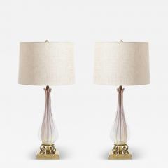 Mid Century Modernist Hand Blown Fluted Opalescent Murano Glass Table Lamps - 3907680