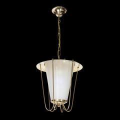 Mid Century Modernist Lantern Chandelier in Brass and Frosted Glass - 2704516