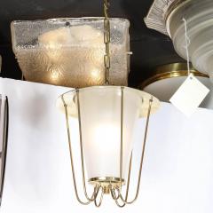 Mid Century Modernist Lantern Chandelier in Brass and Frosted Glass - 2704546
