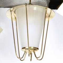 Mid Century Modernist Lantern Chandelier in Brass and Frosted Glass - 2704585