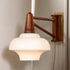 Mid Century Modernist Milk Glass Teak Swing Arm Wall Sconce W Brass Fittings - 3998126