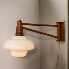 Mid Century Modernist Milk Glass Teak Swing Arm Wall Sconce W Brass Fittings - 3998177