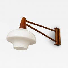 Mid Century Modernist Milk Glass Teak Swing Arm Wall Sconce W Brass Fittings - 4000395