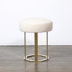 Mid Century Modernist Octagonal Polished Brass Base Stool in Holly Hunt Boucle - 3523618