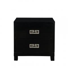 Mid Century Modernist Rectilinear Nightstands in Black Lacquer with Greek Pulls - 4038228