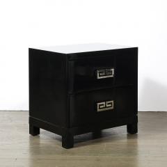 Mid Century Modernist Rectilinear Nightstands in Black Lacquer with Greek Pulls - 4038229