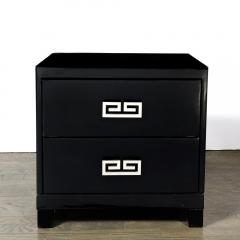 Mid Century Modernist Rectilinear Nightstands in Black Lacquer with Greek Pulls - 4038230