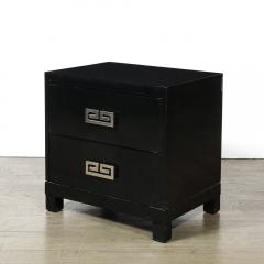 Mid Century Modernist Rectilinear Nightstands in Black Lacquer with Greek Pulls - 4038233