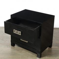 Mid Century Modernist Rectilinear Nightstands in Black Lacquer with Greek Pulls - 4038250