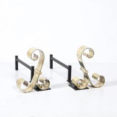 Mid Century Modernist Scroll Form Andirons in Polished Brass - 4720013