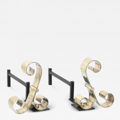 Mid Century Modernist Scroll Form Andirons in Polished Brass - 4720118
