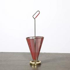 Mid Century Modernist Sculptural Brass Carnelian Red Enamel Umbrella Stand - 4720007