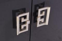 Mid Century Nightstands in Grey Lacquer with Brass Greek Key Pulls - 240017