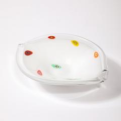 Mid Century Oblong Hand Blown Murano White w Millefiori Detailing Glass Bowl - 3600208