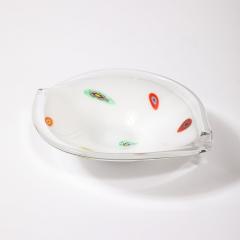 Mid Century Oblong Hand Blown Murano White w Millefiori Detailing Glass Bowl - 3600211