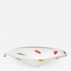 Mid Century Oblong Hand Blown Murano White w Millefiori Detailing Glass Bowl - 3602990