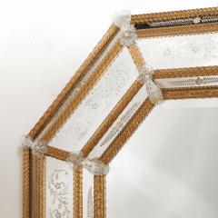 Mid Century Octagonal Amber Glass Transparent Floret Venetian Glass Mirror - 4265756