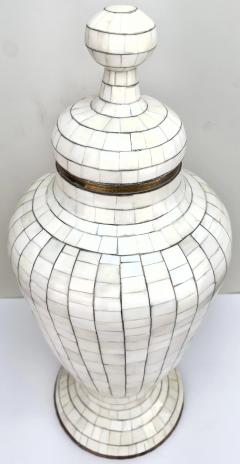Mid Century Off White Mosaic Natural Bone with Brass Inlay Urn or Vase - 3569188