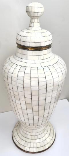 Mid Century Off White Mosaic Natural Bone with Brass Inlay Urn or Vase - 3569192