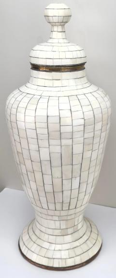 Mid Century Off White Mosaic Natural Bone with Brass Inlay Urn or Vase - 3569195