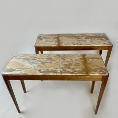 Mid Century Pair of Cherry Wood Broccatello Yellow Siena Marble Consoles - 2513917