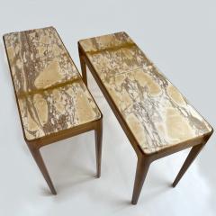 Mid Century Pair of Cherry Wood Broccatello Yellow Siena Marble Consoles - 2513927