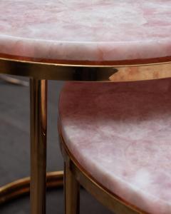 Mid Century Pair of Soft Pink Rose Quartz and Brass Nesting Table - 2430791